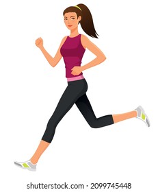 illustration of a fit young woman running, isolated on white. Beautiful young girl in sport fashion, jogging. Healthy lifestyle concept. Isolated on white.