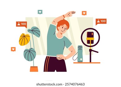 Illustration of a fitness blogger recording a video of her exercises for her followers using a smartphone on a tripod. A girl in a sports uniform shows an online workout. Health and lifestyle content