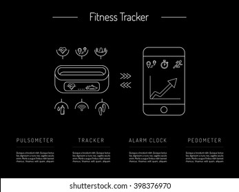 Illustration fitness bracelet. Fitness tracker pedometer. Fitness tracker with alarm function. Sync fitness tracker and smart phone. Fitness tracker with heart rate monitor function. Linear style.