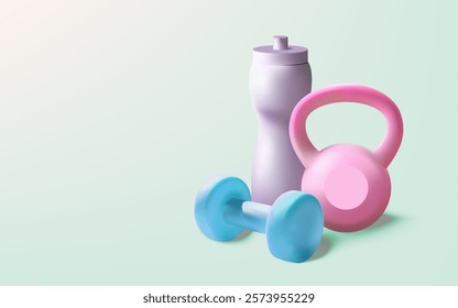 Illustration of fitness equipment, including a blue dumbbell, pink kettlebell, and water bottle, perfect for strength training and hydration during workouts.