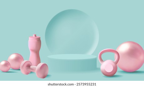 Illustration of fitness equipment, including a blue dumbbell, pink kettlebell, and water bottle, perfect for strength training and hydration during workouts.