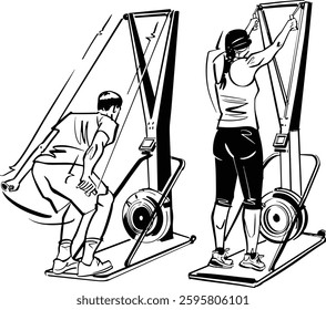 Illustration of a fitness event featuring athletes engaging in functional training exercises like sled pushing, rowing, and ski erg. Bold sketch style with dynamic action poses and green highlight