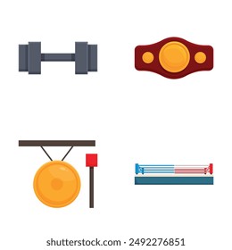 Illustration of fitness icons including a dumbbell, championship belt, punchbag, and gym bench