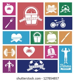 Illustration of Fitness Icons, sports and exercise, caring figure and health, vector illustration