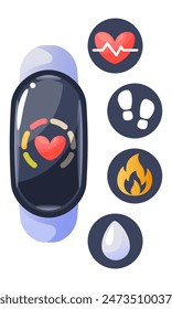 Illustration of a fitness tracker surrounded by icons monitoring heart rate, steps, calories and hydration level. Smart watch bracelet for measuring heart rate. Sports accessory for training
