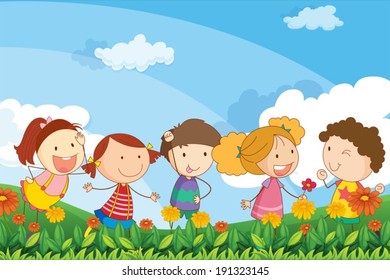 Illustration of the five adorable kids playing at the garden