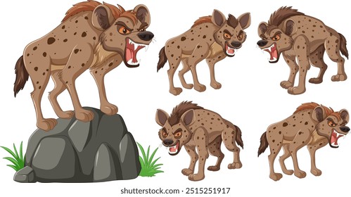 Ilustração de cinco hienas agressivas rosnando