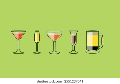 Illustration of five beverage glasses with colorful drinks on a light green background, showcasing varied shapes and sizes