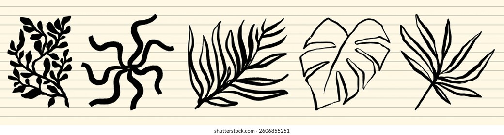 Illustration of five black leaf designs on lined paper. Leaf patterns include shapes and styles, showcasing diverse leaf designs and artistic leaf illustrations. Nature illustrations, isolated vectors
