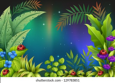 Illustration of the five bugs in a rain forest