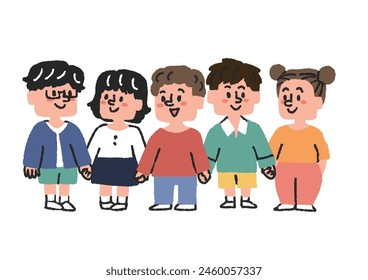 Illustration of five children standing side by side holding hands, comical hand-drawn figures, vector, line drawing and color.