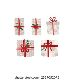 Illustration of five Christmas gifts, each wrapped in neutral-toned paper with red ribbon and decorated with festive greenery. The minimalist design emphasizes holiday elegance with a modern aesthetic