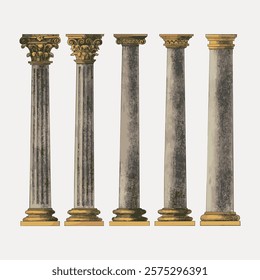 Illustration of five classical columns with ornate capitals. Columns feature intricate designs. Classical columns in a row, showcasing detailed architectural elements. Vintage art vector element.