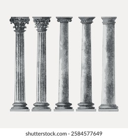 Illustration of five classical columns, showcasing detailed architectural styles. Columns feature intricate designs, emphasizing classical architecture and column artistry. Vintage roman vector.