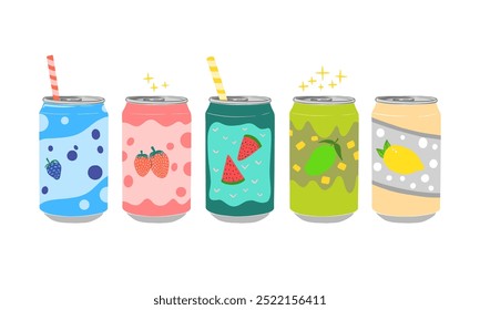 Illustration of five colorful cans of fruit-flavored soda with straws on a white background.