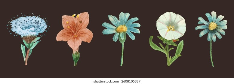 Illustration of five colorful flowers on a dark background. Each flower is unique, showcasing diverse shapes and colors. Vibrant flowers in a row. Botanical elements, vector set.