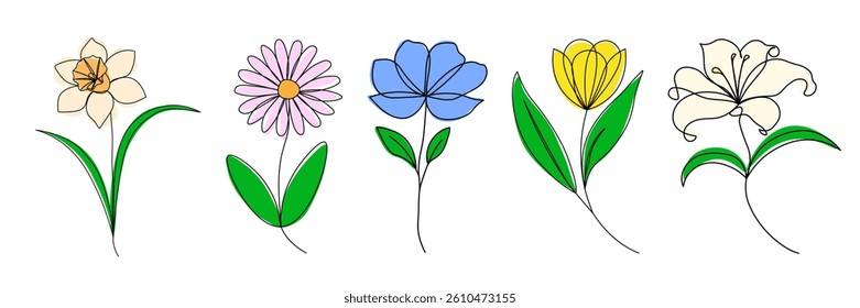 Illustration of five colorful flowers in a simple hand-drawn, minimal line art style with green leaves and white background. Flower in one line icon. Vector illustration