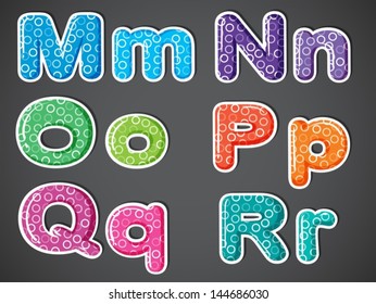 Illustration of the five consonant and one vowel letters on a gray background