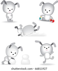 An illustration of five cute bunny playing at snow