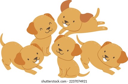 Illustration of Five Cute Dog Puppies in Different Playful Poses from Lying Down and Sitting Up