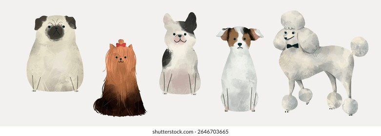 Ilustração de cinco cães fofos: pug, Yorkshire terrier, bulldog francês, Jack Russell, e poodle. Cada cachorro é desenhado em um estilo charmoso e de desenho animado. Vetor animal isolado.