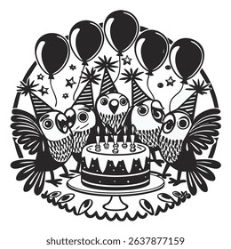 Illustration of five cute parrots attending a birthday party