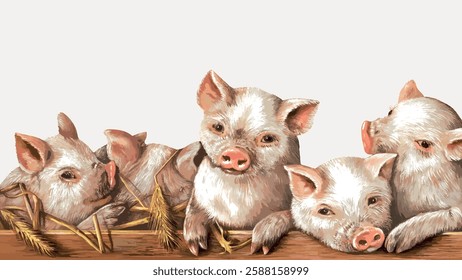 Illustration of five cute piglets resting on straw. Piglets have pink snouts and ears. The piglets appear playful and relaxed on the straw bedding. Vintage animal illustration vector.