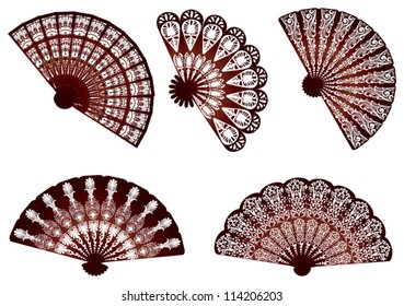 illustration with five decorated fans isolated on white background