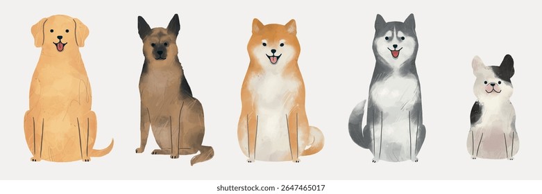 Illustration of five different dog breeds: Labrador, German Shepherd, Shiba Inu, Husky, and Chihuahua. Each dog is sitting, showcasing unique features. Isolated animal vector set.