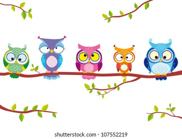 illustration of five different funny owls sitting on a branch