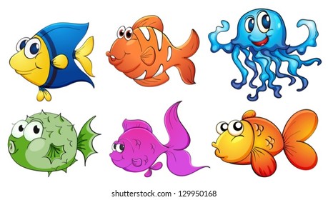 Illustration of the five different kinds of sea creatures on a white background