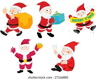 an illustration of five different santas