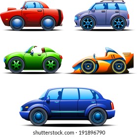illustration of five different types of automobiles view left side