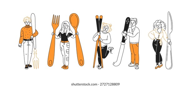 Illustration von fünf verschiedenen Figuren, die übergroßes Besteck auf weißem Hintergrund halten. Das Bild vermittelt Humor und Kreativität in einem minimalistischen Stil.