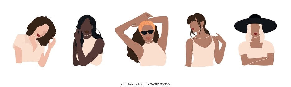 Illustration of five diverse women in stylish poses, wearing chic outfits and accessories, showcasing different hairstyles and fashion styles. Vector illustration element set.