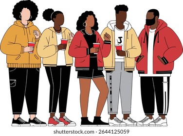 Illustration of five diverse young adults standing together, each holding a red cup, wearing casual, stylish outfits against a white background.
