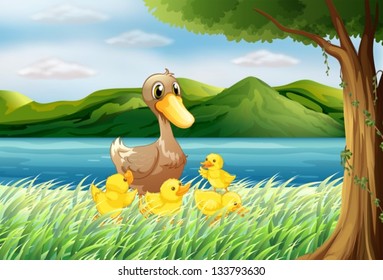 Illustration of the five ducks at the riverbank