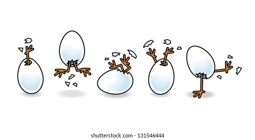 Illustration of Five Easter Chicks Hatching from White Eggs in with only their legs showing on Isolated Background