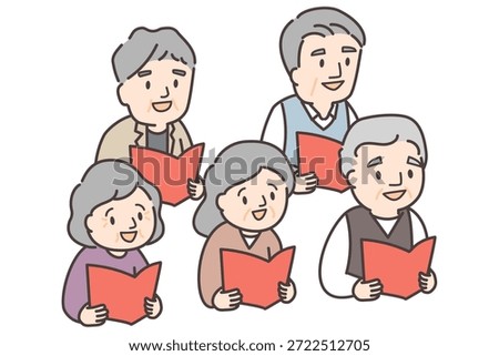 Illustration of five elderly people enjoying reading aloud or singing.