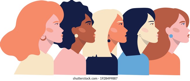 Illustration of five female faces of different ethnicity. Women empowerment movement banner. International Women's Day vector.