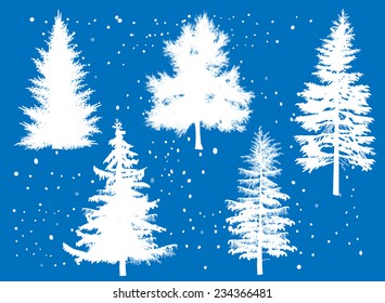 illustration with five fir silhouettes isolated on blue background