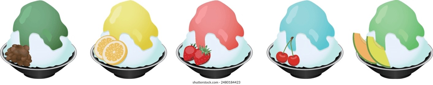 Illustration of five flavors of shaved ice with plenty of syrup