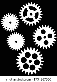 illustration with five gears isolated on black background