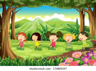 Illustration of the five girls playing in the middle of the forest