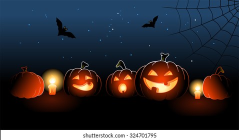 Illustration of five halloween pumpkins with candles