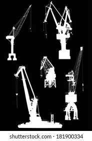 illustration with five industrial cranes isolated on black background