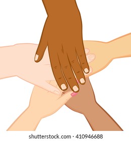 Illustration of five isolated diversity human hands together