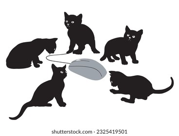 Illustration of five kittens is hunting for computer mouse