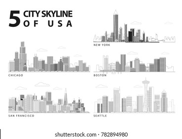 Illustration of five major city skyline of United States of America. The art is expressing unique city landscape with vector graphics.They are New York, Chicago, Seattle, San Francisco & Boston city. 