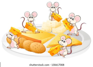 Illustration of the five mice with cheese and biscuits on a white background